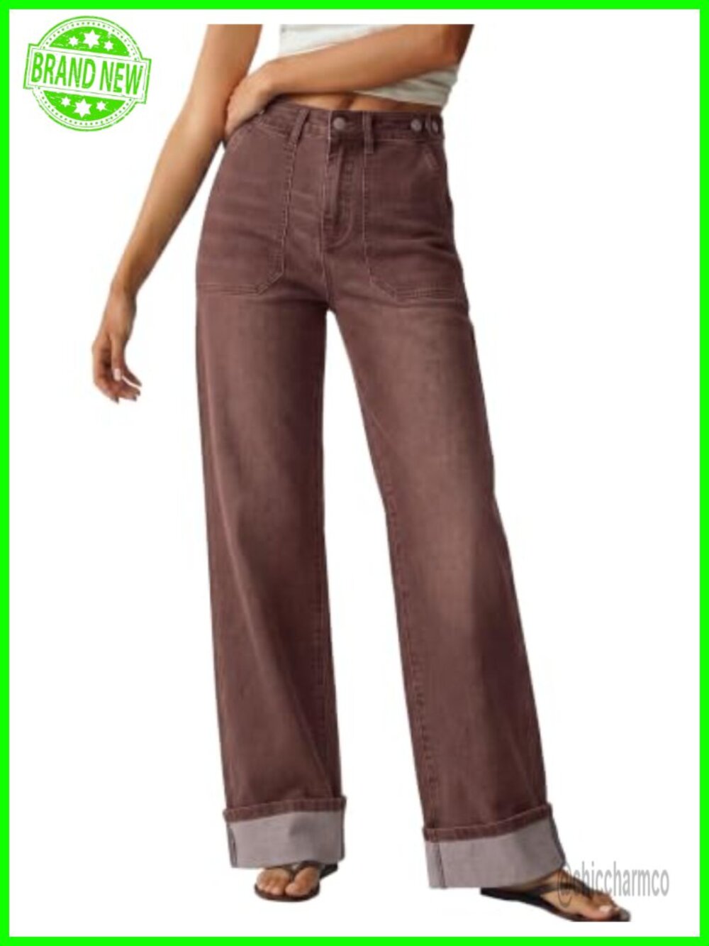 Wide Leg Jeans Cuffed Hem Adjustable Waist High Rise Denim Pants